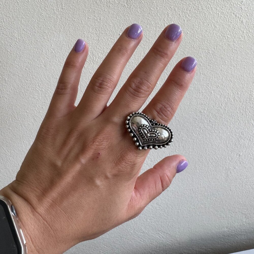 Silver Tone Heart Statement Ring Adjustable Antique Finish - Picture 2 of 5